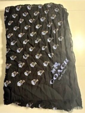 COACH Black Floral Scarf/ Wrap Bramble Rose Pattern Purple Flowers 53 x 72